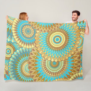 Overlapping Mandala Blue Brown Gold Fleece Blanket