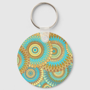 Overlapping Mandala Blue Brown Gold Keychain
