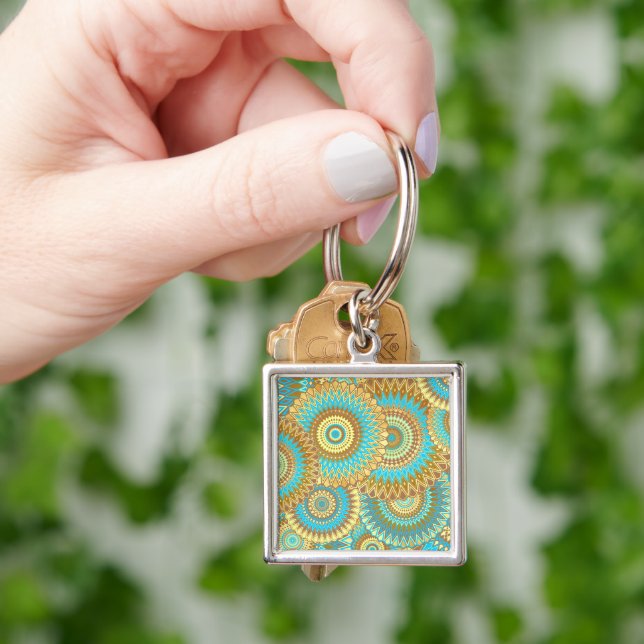 Overlapping Mandala Blue Brown Gold Keychain (Hand)