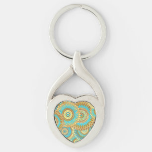 Overlapping Mandala Blue Brown Gold Keychain