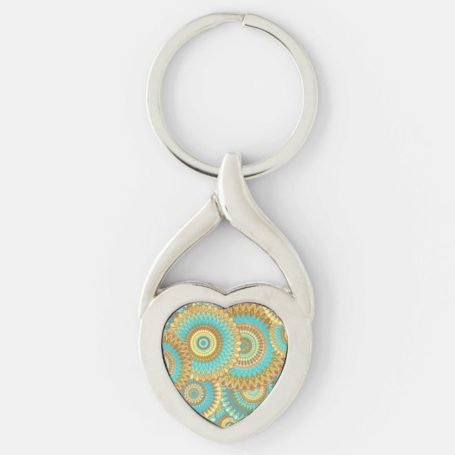 Overlapping Mandala Blue Brown Gold Keychain (Front)