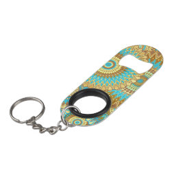Overlapping Mandala Blue Brown Gold Keychain Bottle Opener