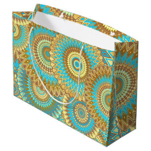 Overlapping Mandala Blue Brown Gold Large Gift Bag