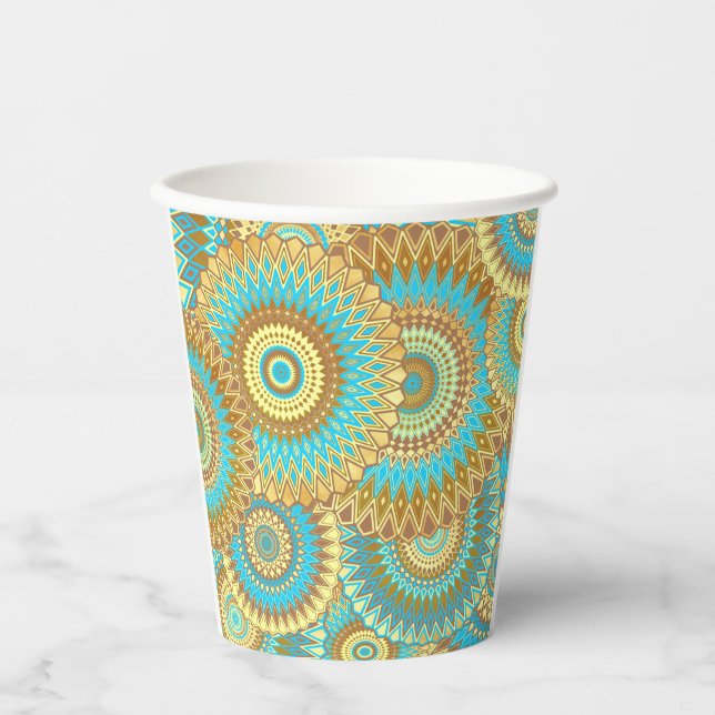 Overlapping Mandala Blue Brown Gold Paper Cups (Front)