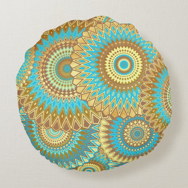 Overlapping Mandala Blue Brown Gold Round Pillow (Back)