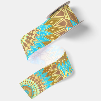 Overlapping Mandala Blue Brown Gold Satin Ribbon