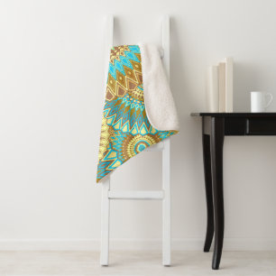 Overlapping Mandala Blue Brown Gold Sherpa Blanket