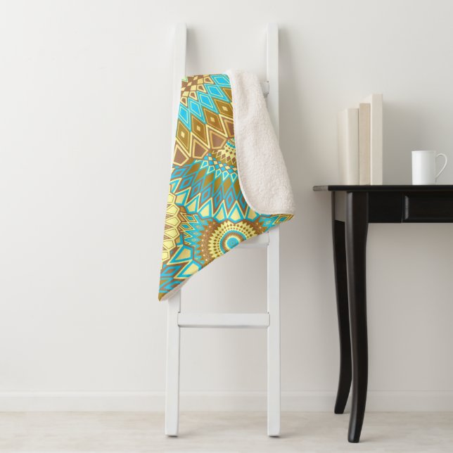 Overlapping Mandala Blue Brown Gold Sherpa Blanket (In Situ)