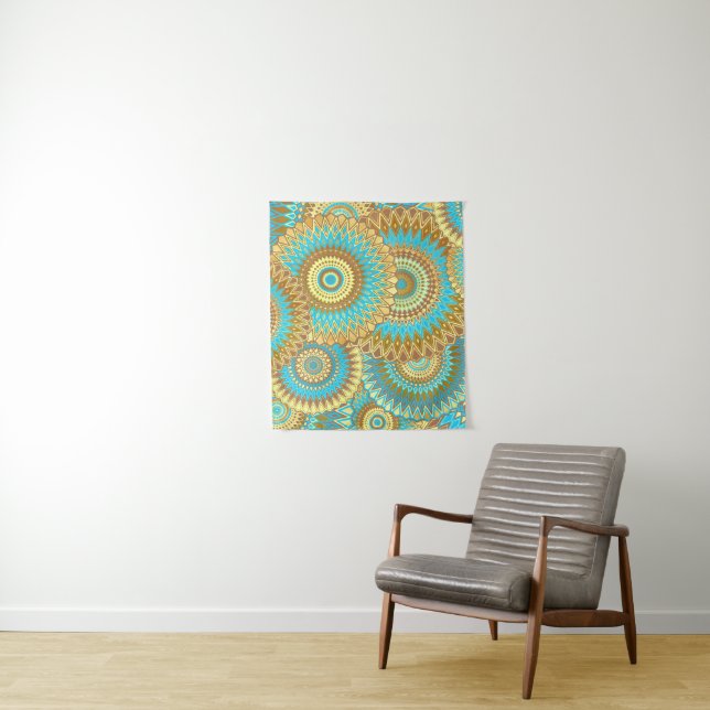 Overlapping Mandala Blue Brown Gold Tapestry (In Situ)
