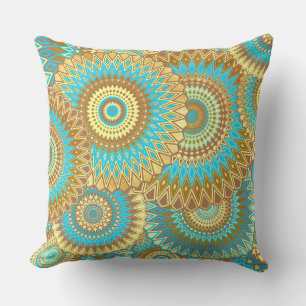 Overlapping Mandala Blue Brown Gold Throw Pillow