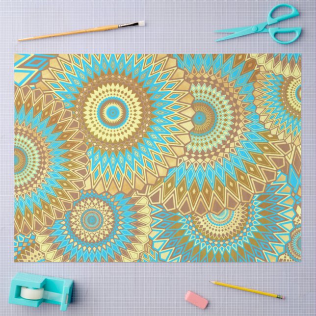 Overlapping Mandala Blue Brown Gold Tissue Paper (Craft)