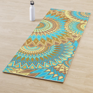 Overlapping Mandala Blue Brown Gold Yoga Mat