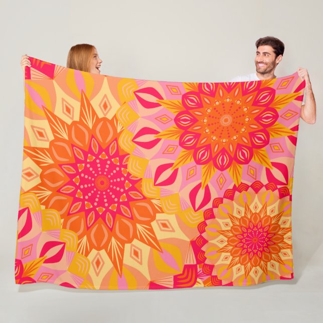 Overlapping Mandala Orange Pink Yellow Fleece Blanket (In Situ)