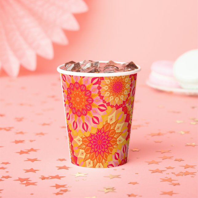 Overlapping Mandala Orange Pink Yellow Paper Cups (Insitu)