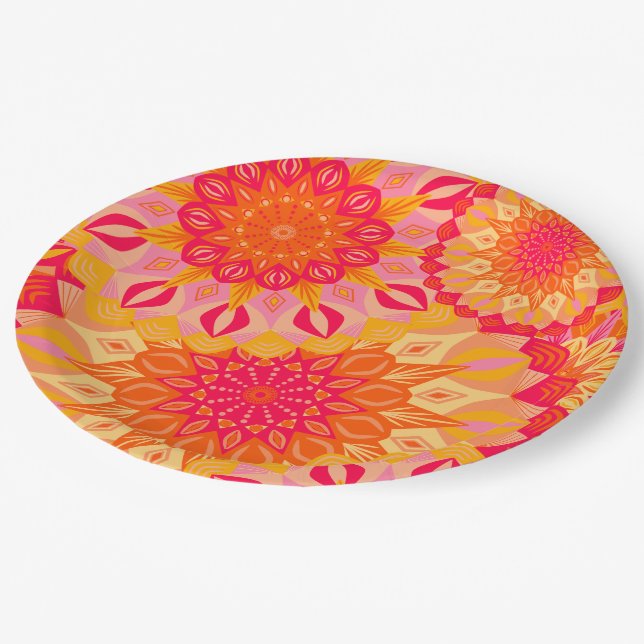 Overlapping Mandala Orange Pink Yellow Paper Plate (Angled)