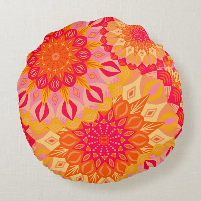Overlapping Mandala Orange Pink Yellow Round Pillow (Back)