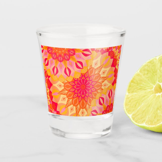Overlapping Mandala Orange Pink Yellow Shot Glass (Front)