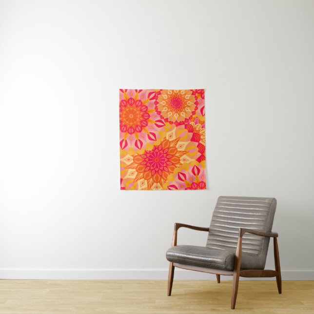 Overlapping Mandala Orange Pink Yellow Small Tapestry (In Situ)