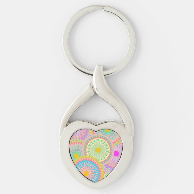 Overlapping Mandala Pink Blue Yellow Mint Purple Keychain (Front)