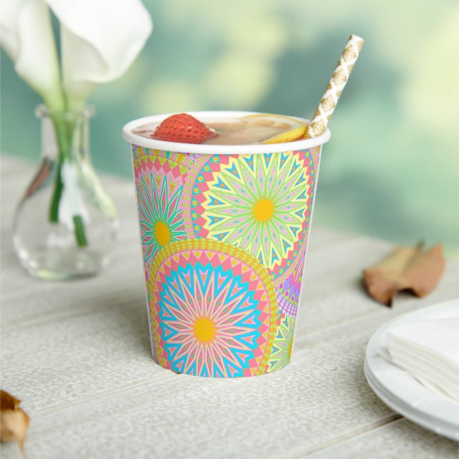 Overlapping Mandala Pink Blue Yellow Mint Purple Paper Cups (Insitu)