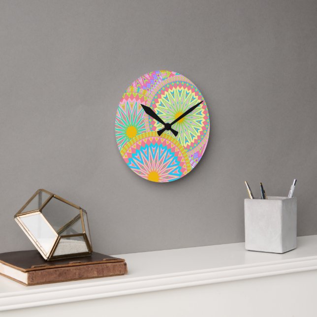 Overlapping Mandala Pink Blue Yellow Mint Purple Round Clock (Office)