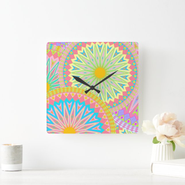Overlapping Mandala Pink Blue Yellow Mint Purple Square Wall Clock (Home)
