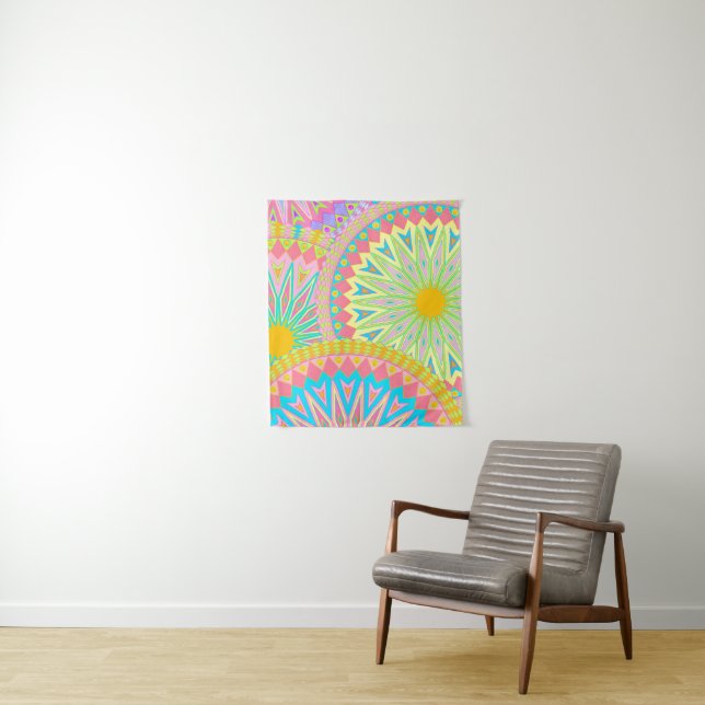 Overlapping Mandala Pink Blue Yellow Mint Purple Tapestry (In Situ)