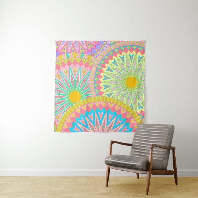 Overlapping Mandala Pink Blue Yellow Mint Purple Tapestry (In Situ)