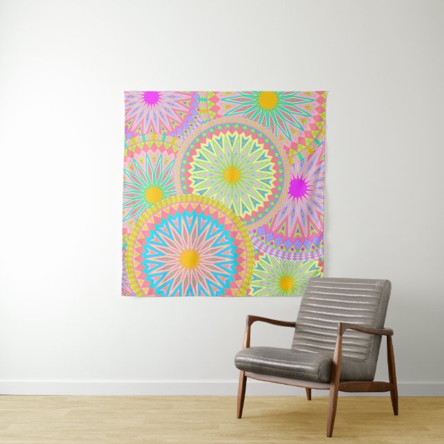 Overlapping Mandala Pink Blue Yellow Mint Purple Tapestry (In Situ)