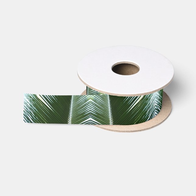 Overlapping Palm Fronds Tropical Green Abstract Satin Ribbon (Spool)