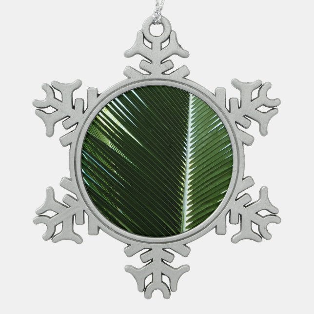 Overlapping Palm Fronds Tropical Green Abstract Snowflake Pewter Christmas Ornament (Front)