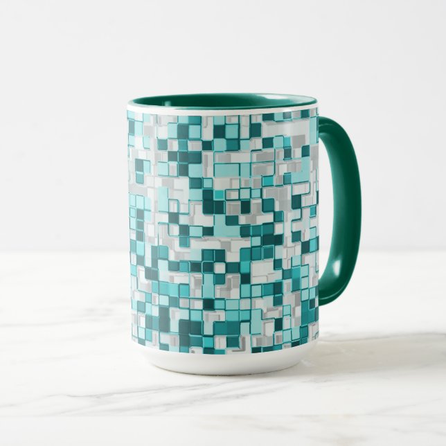 Overlapping small squares in greenish cyan tones mug (Front Right)
