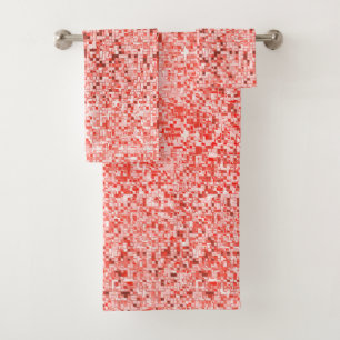 Overlapping small squares, tones of red or coral bath towel set