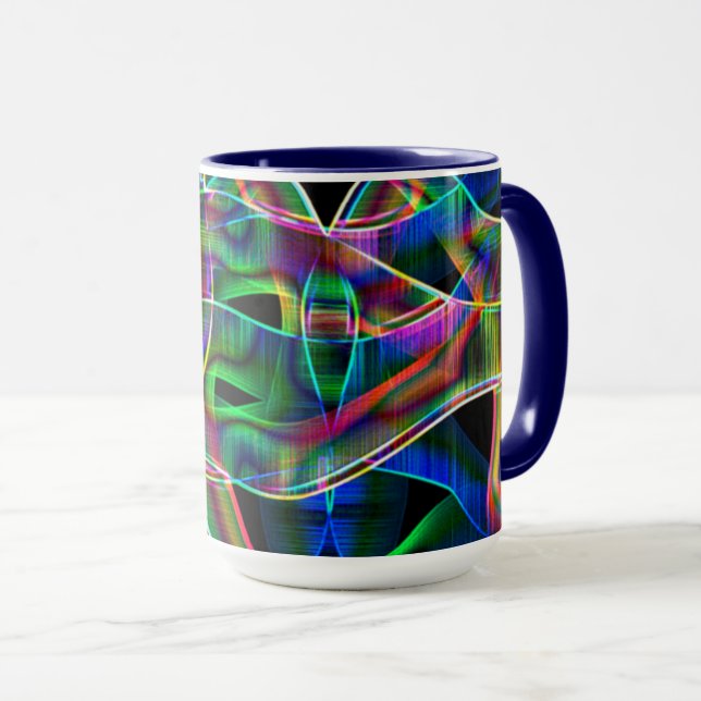 Overlapping tape-like curves, neon colourful relie mug (Front Right)