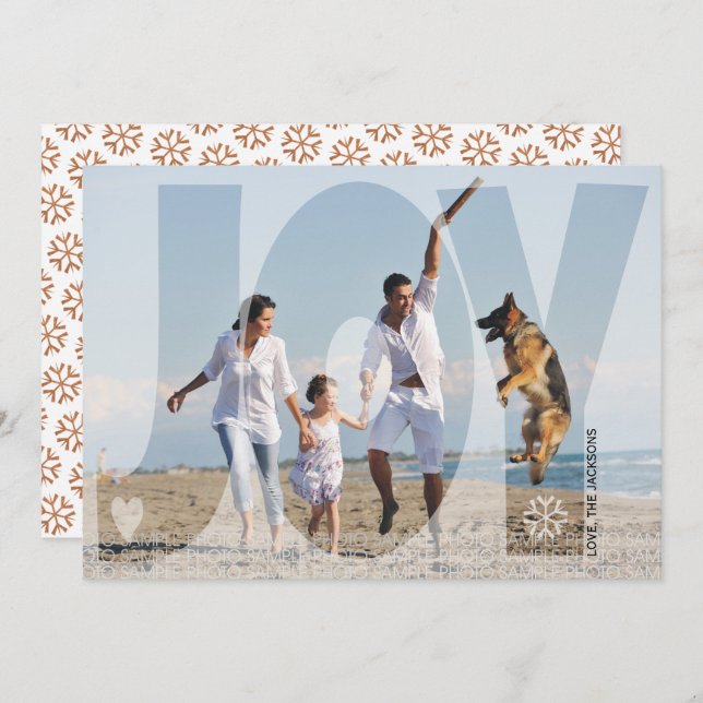 Overlay joy Christmas copper snowflake photo Holiday Card (Front/Back)