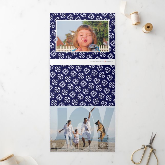 Overlay joy Christmas holiday navy blue photo Tri-Fold Holiday Card (Outside)