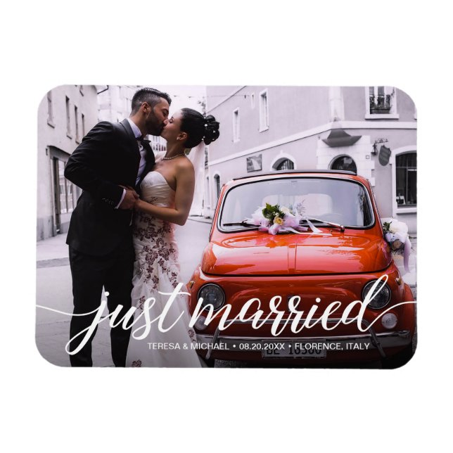Overlay Just Married Script Wedding Photo Magnet (Horizontal)