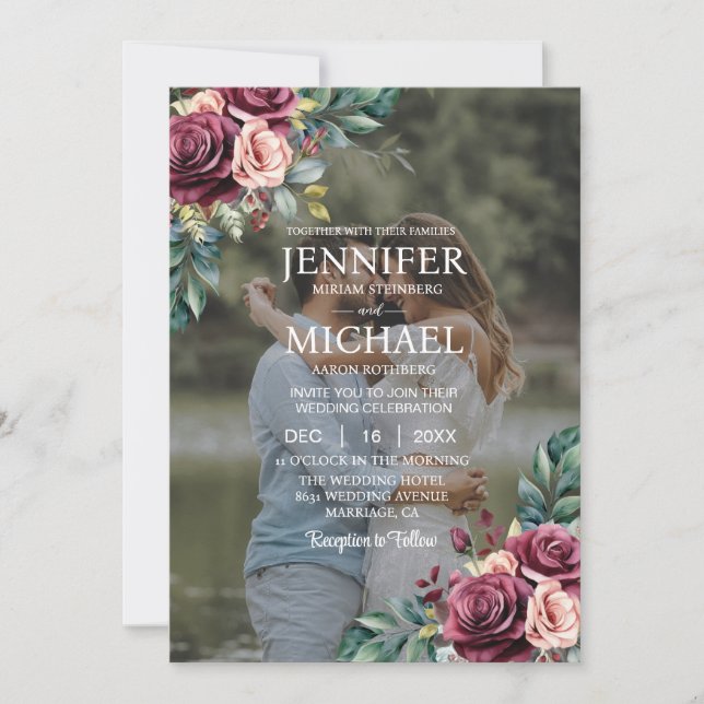 Overlay Portrait Picture Photo QR Roses Wedding Invitation (Front)