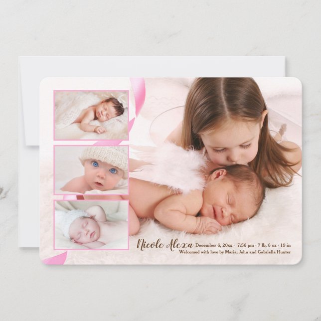 Overlay Three-Photo Girl Birth Announcement (Front)