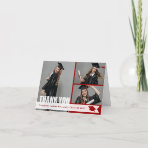 Overlay White Ribbon Graduation Cap Modern 3 Photo Thank You Card