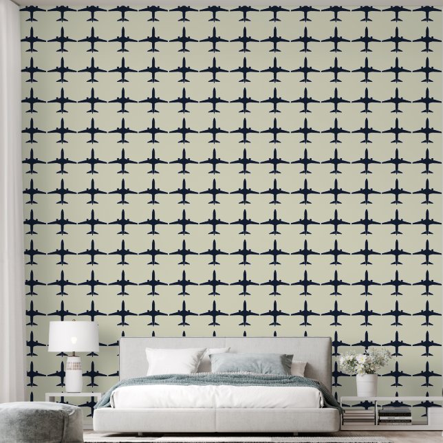 Oversized Airplane Silhouettes on Light Beige Wallpaper (Bedroom)