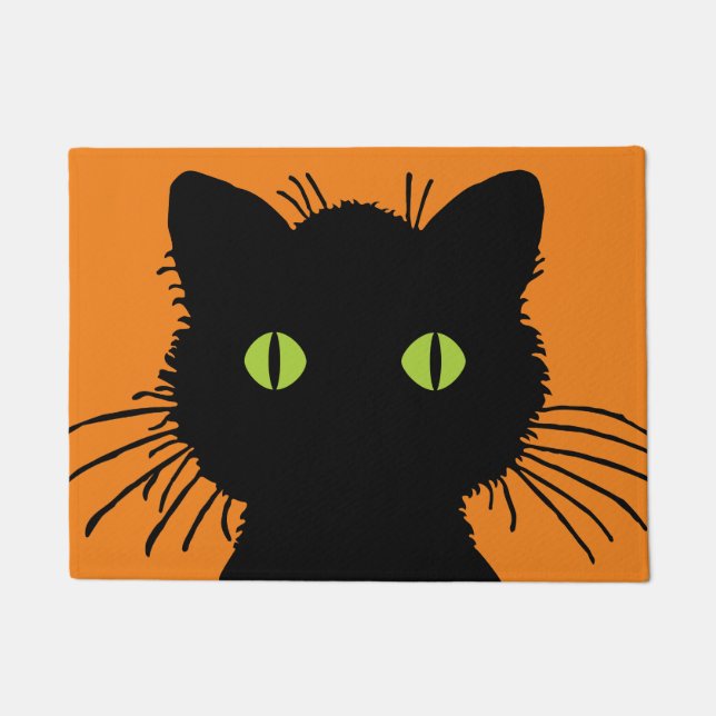 Oversized Black Cat with Green Bulging Eyes Doormat (Front)