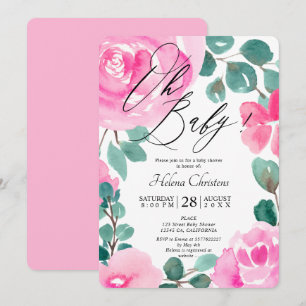 Oversized pink green floral watercolor baby shower invitation