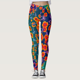 Oversized Poppy Print Bold Colour Block Leggings