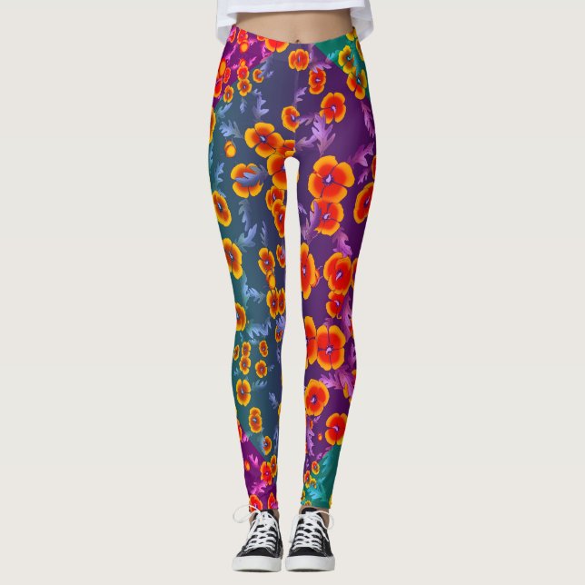 Oversized Poppy Print Bold Colour Block Leggings (Front)