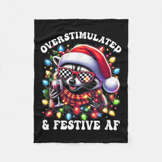 Overstimulated And Festive Af Feral Raccoon Lights Fleece Blanket (Front)