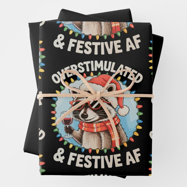 Overstimulated And Festive Af Feral Raccoon Xmas Wrapping Paper Sheet (In situ)