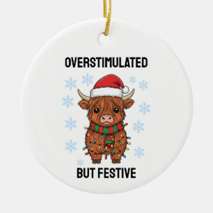 Overstimulated But Festive Cow Christmas Ceramic Ornament