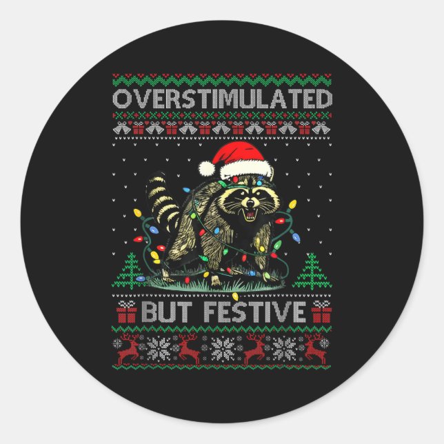 Overstimulated But Festive Raccoon Christmas Pajam Classic Round Sticker (Front)