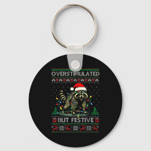 Overstimulated But Festive Raccoon Christmas Pajam Keychain